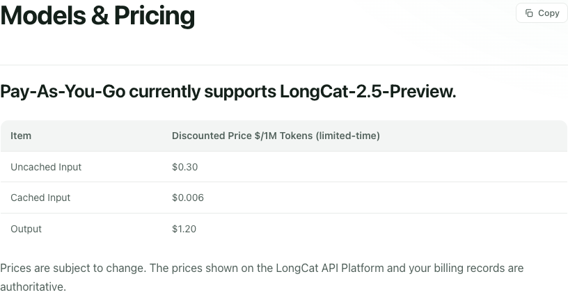 Official LongCat-2.5-Preview pricing page capture with USD prices per million tokens
